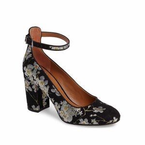 Franco Sarto Black and Gold Floral Heels